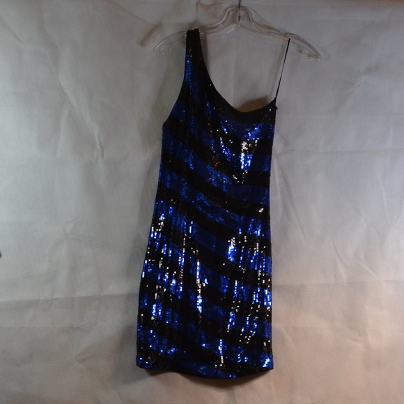 BLue Black Striped Sequin One Sholder Mini Dress Sz S BEDO - Picture 1 of 7